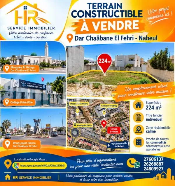 Terrain constructible à vendre à Dar Chaabane el fehri -nabeul